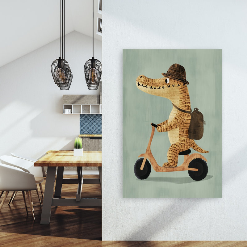 Crocodile On A Scooter Contemporary Alligator Crocodile Wall Art Print by Mathieu - Wrapped Canvas Print
