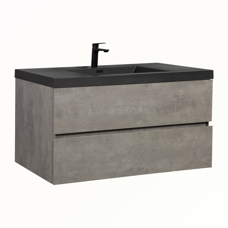 Meuble-lavabo flottant 48 po avec lavabo mural Celissa, meuble-lavabo mural moderne avec comptoir en quartz noir et tiroirs à fermeture en douceur, gris