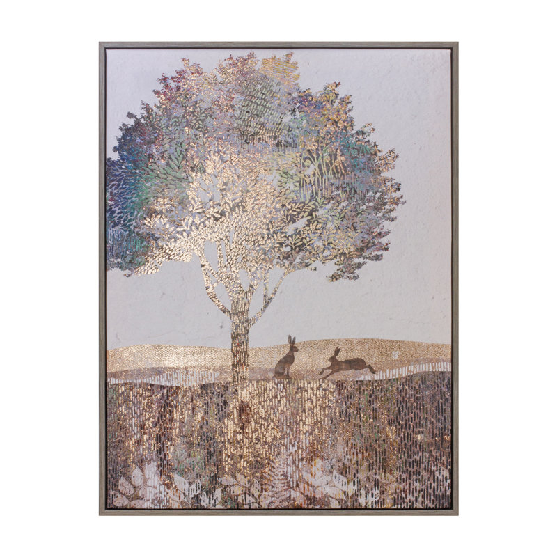 Reproduction encadrée d'un arbre et d'un lapin - H 15,5 po