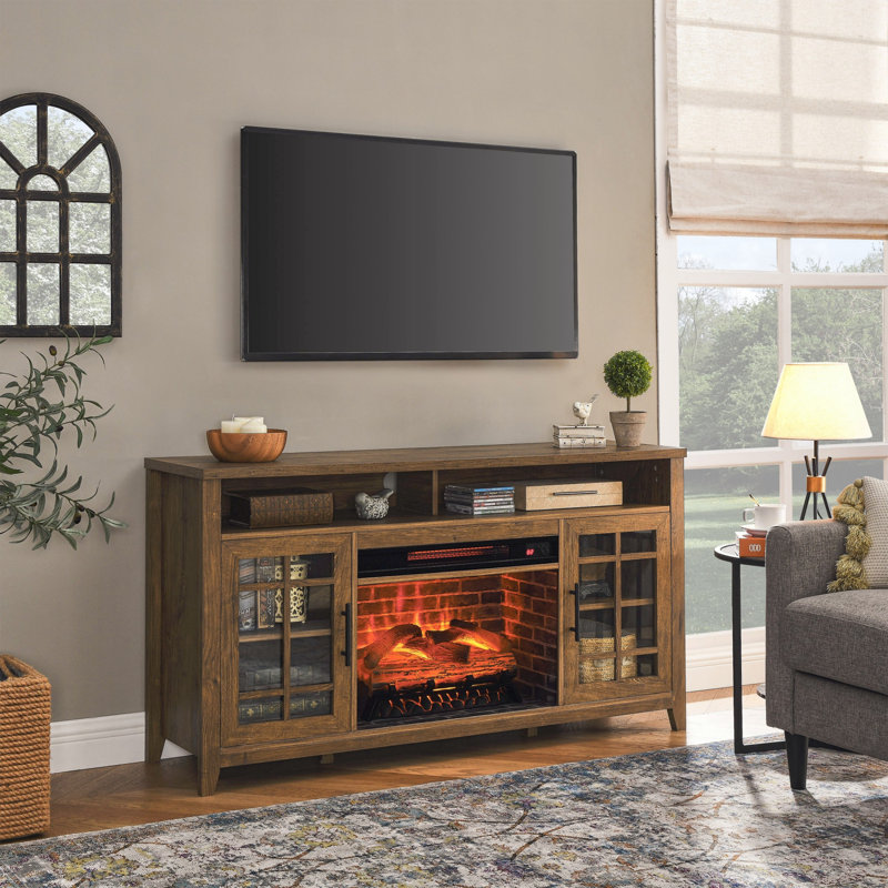 55 Inch Tv Media Stand With Electric Fireplace Kd Inserts Heater,reclaimed Barnwood Color