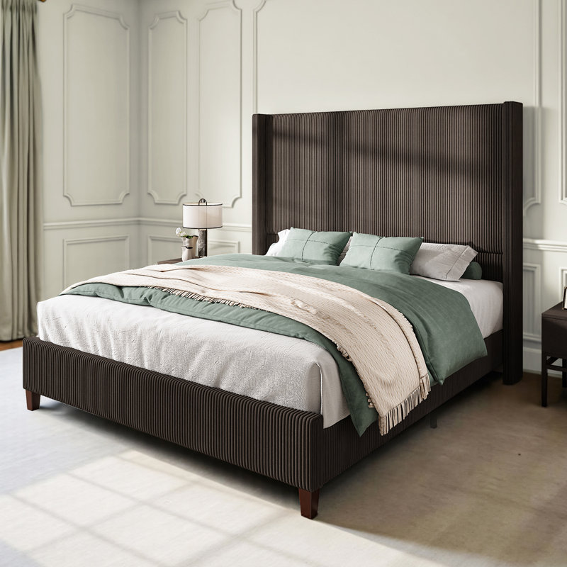 Crofford Upholstered Wingback Queen Size Platform Bed,Brown, Queen, Brown