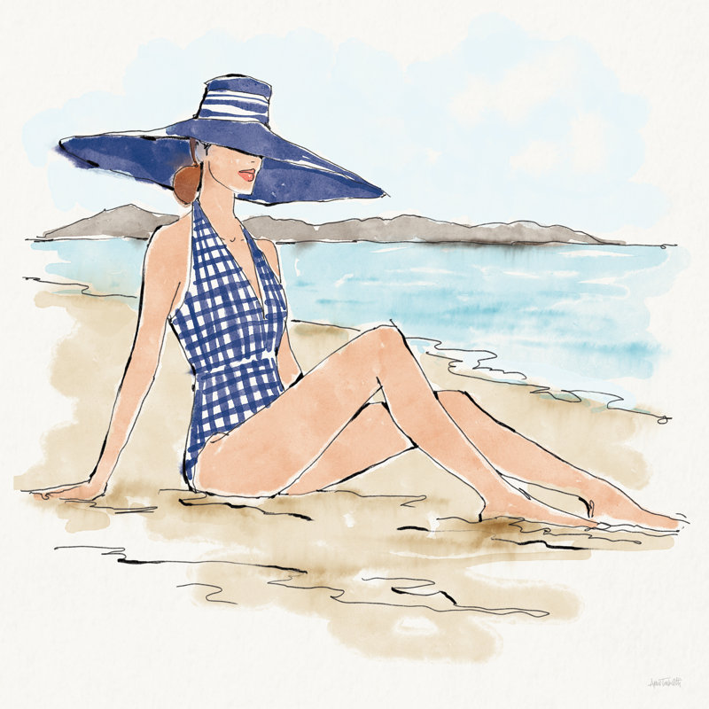 «Bathing Beauties I» par Anne Tavoletti, H 12 po x l 12 po, Bleu/gris/crème