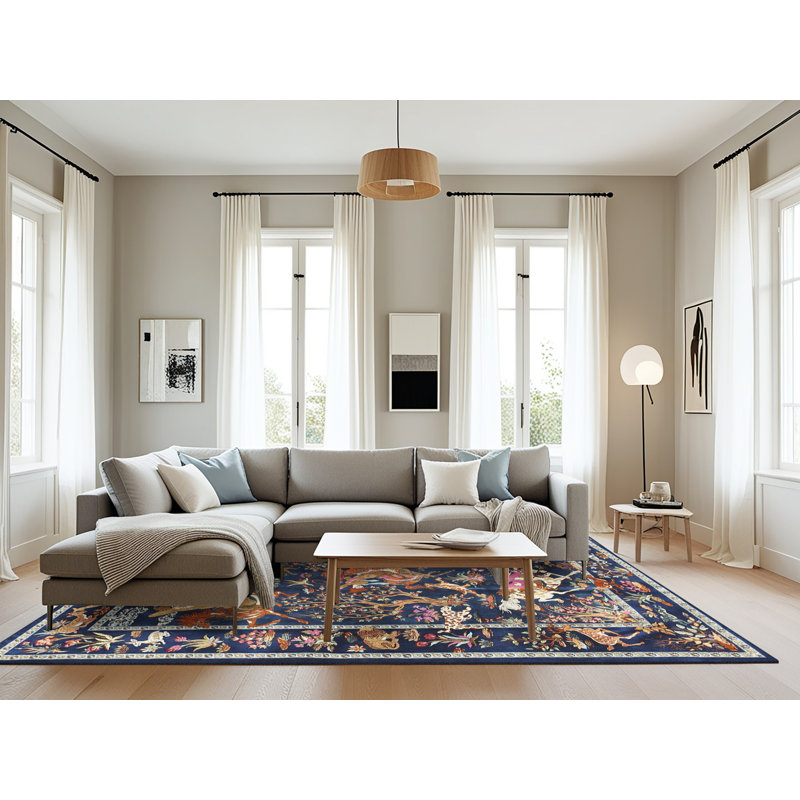 Tapis floral bleu foncé / brun à motif floral, Rectangle 8 pi x 10 pi
