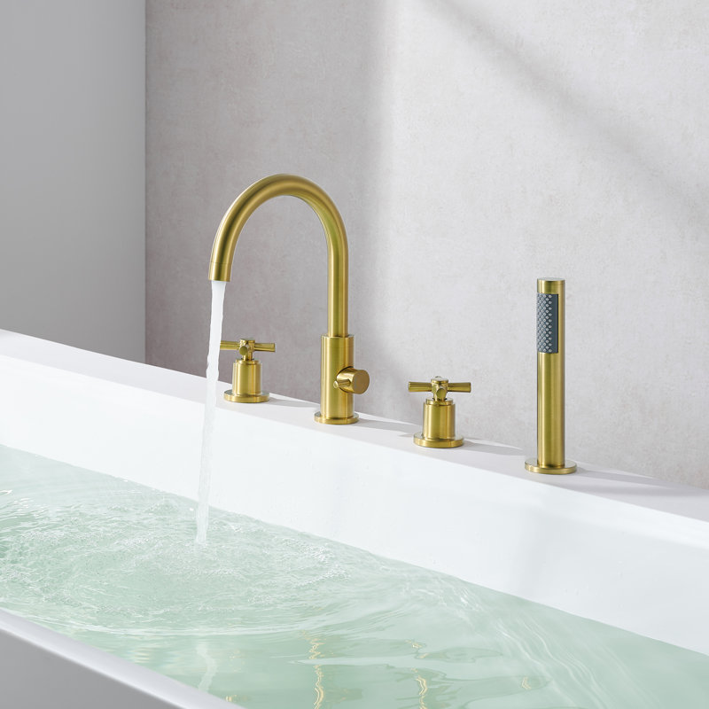 Robinet de baignoire romaine à fixation sur le comptoir avec douchette à main Sundale, Brushed Gold