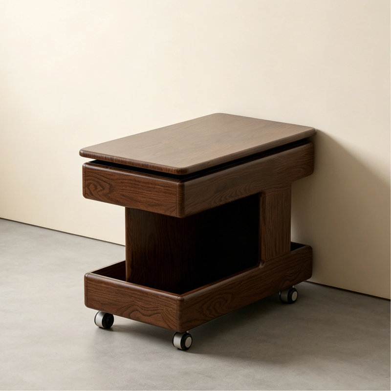  Mobile Solid Oak Lift Top End Table with Storage and Wheels, Brown Oak