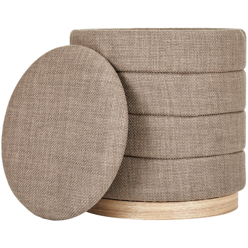 16" Round Upholstered Linen Storage Ottoman, Brown