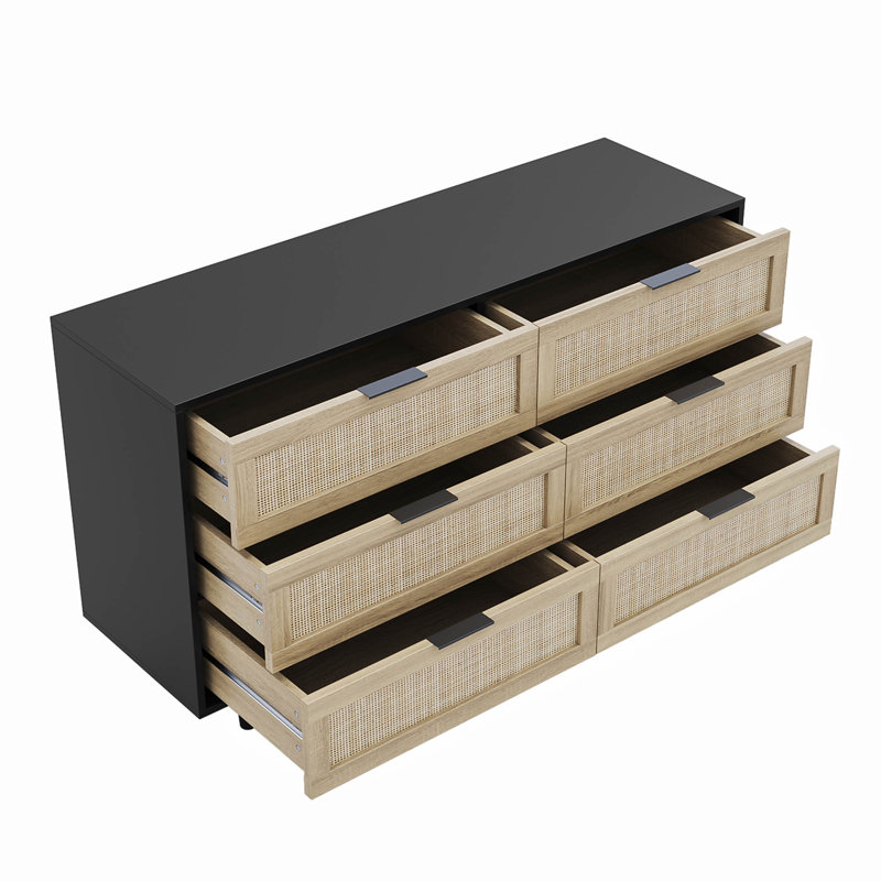 Aimara 51" Rattan 6 Drawer Dresser for Bedroom, Boho Wood Dresser with Gold Handles & Wood Legs