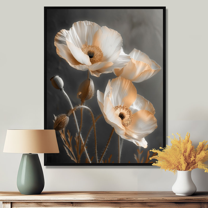 Coquelicots blancs et gris rétro - décoration murale coquelicots, Toile avec cadre flottant noir