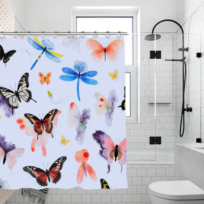 Watercolor Butterfly & Dragonfly Bath Curtain, Vibrant Bathroom Decor-72X72 Inch