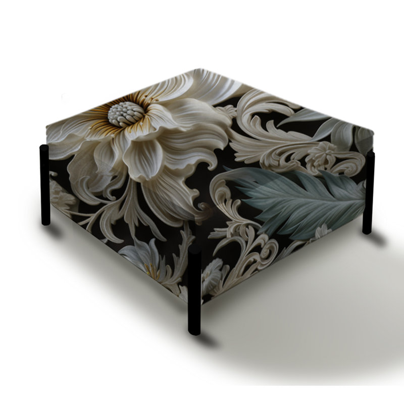 Grand repose-pieds carré floral exotique gris et blanc I