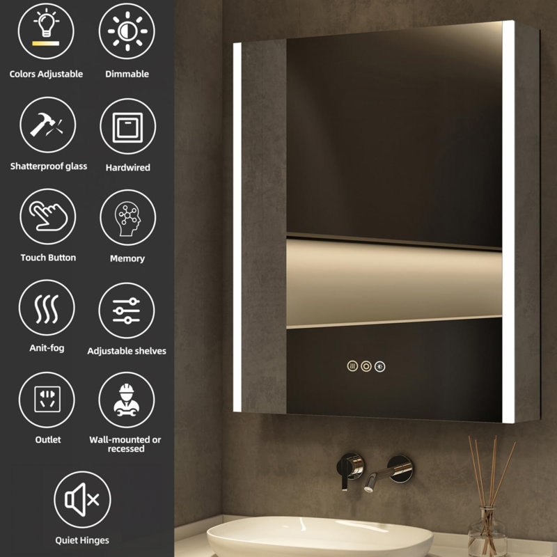 28" H x 20" W Kialen Rectangular Silver Aluminum Frame Recessed/Surface Mount Medicine Cabinet with Anti-Fog Mirror, 3 Color Temperatures Dimmable Lights and Adjustable Glass Shelves