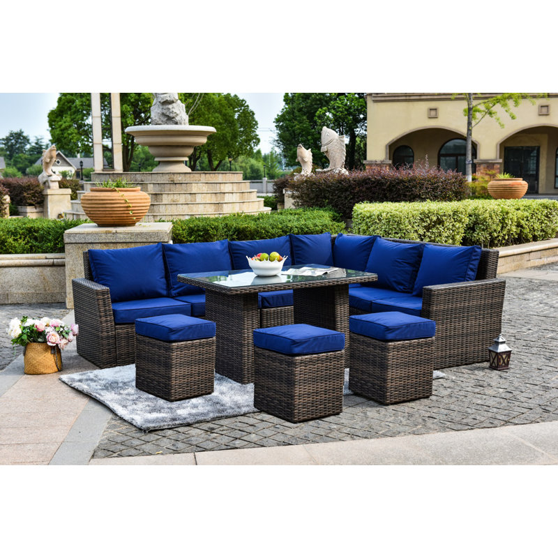 Ensemble de conversation d'extérieur en osier avec coussins 8 pièces, Bleu, Marron