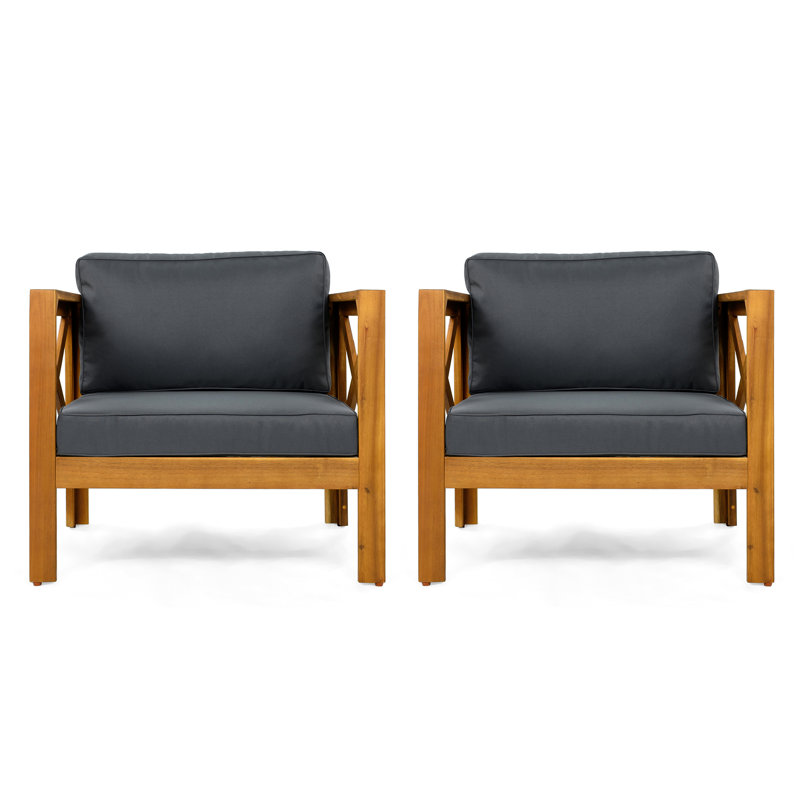 Fauteuil club d'extérieur en bois d'acacia avec coussins (ensemble de 2), ensemble conversation, finition teck, coussin gris foncé