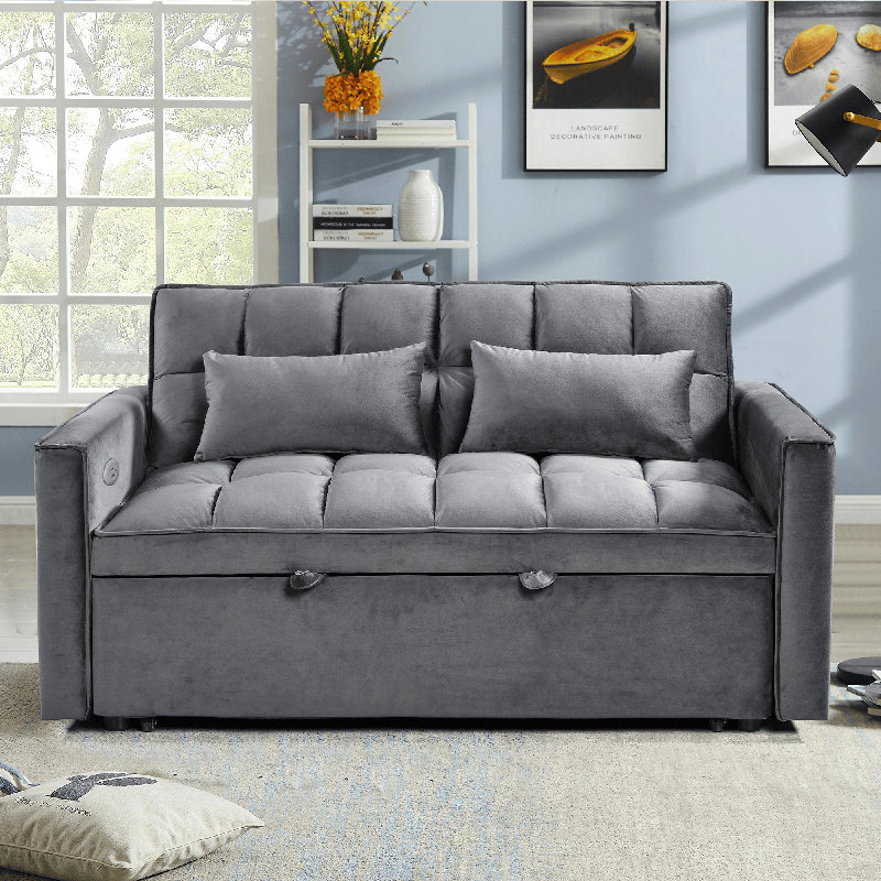 3 In 1 Convertible Sleeper Sofa Bed, Pull Out Couch For Living Room With Side Pocket, Loveseat Sleeper With Adjustable Backrest