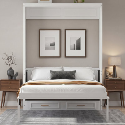 Lit escamotable double avec 2 tiroirs, beige