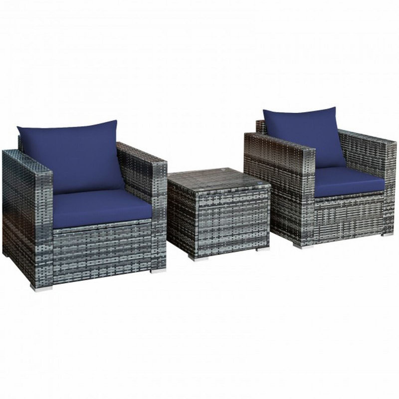 Ensemble de conversation en rotin 3 pièces avec coussins Alycen, Bleu marine, gris