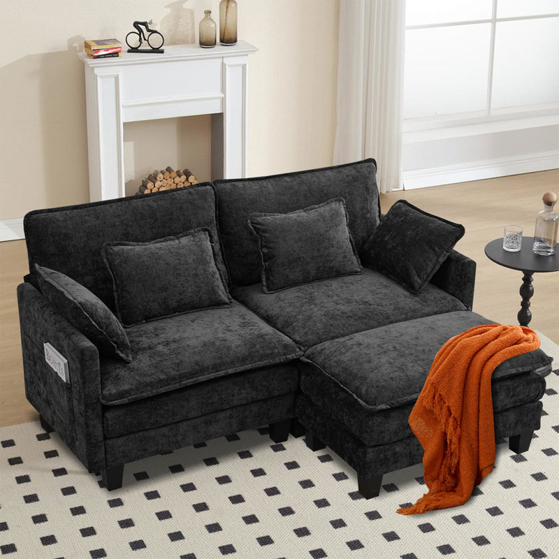 Canapé modulaire en L 3 pièces avec repose-pieds réversible en chenille 3 pièces 77,6 po, Chenille noir