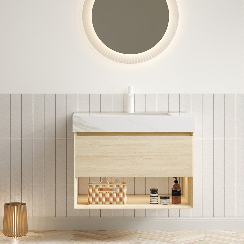 Meuble-lavabo flottant avec lavabo, tiroirs et capteur de lumière