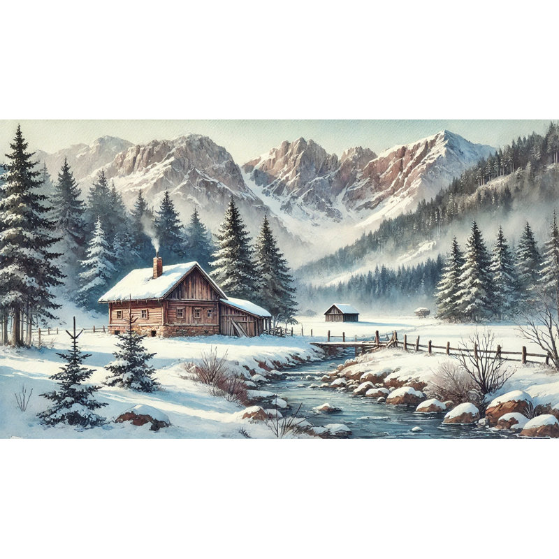 «Highland Homestead: Snowy Cabin Retreat» par Mountain Stream, H 20 po x l 36 po