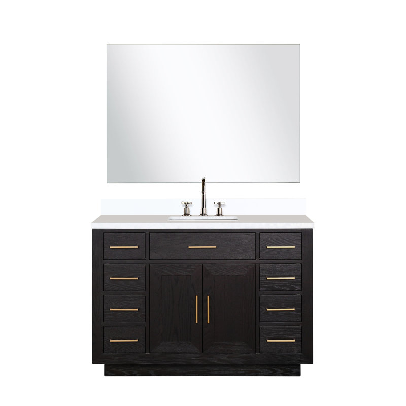 48 po De salle de bain simple en chêne noir avec profondeur 22, couche de finition en quartz blanc, robinet et miroir 46 - assemblé pour une utilisation dans la salle de bain