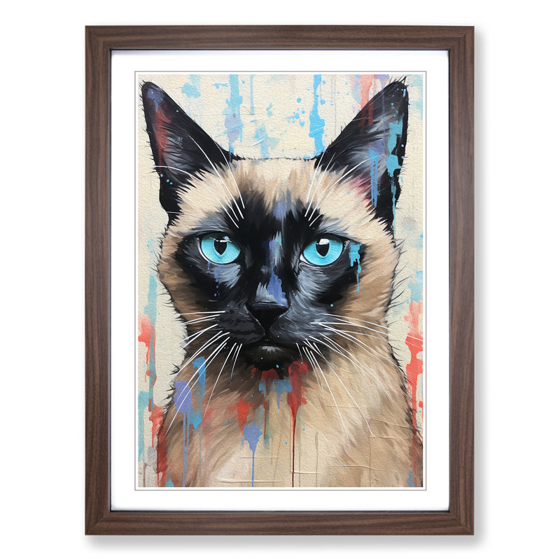 Siamese Cat Action Painting No.3 - Single Picture Frame Print on Wood, 46cm H x 34cm W x 2cm D, Walnut