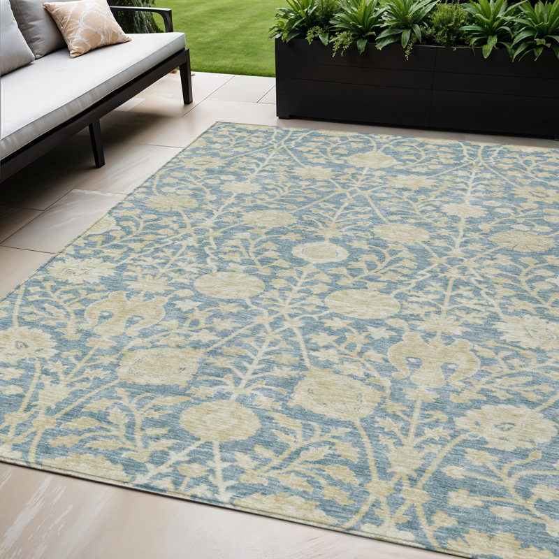 Tapis extérieur lavable floral bleu ciel et beige 5 pi x 8 pi