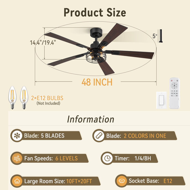 Cissline 2-Pack 48" Industrial Black Caged Ceiling Fan with Light Kit and Remote, 48"