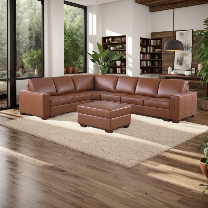6 - Piece Genuine Cowhide Leather Luxury Living Room Sectional Set, Brown Genuine Leather