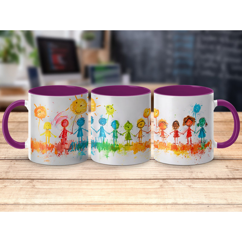 Kids Drawing Style 11oz Accent Mugs – Ceramic Coffee Cup with a Purple Handle and Interior