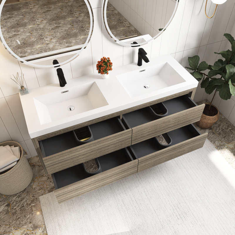 Meuble-lavabo mural 60 po avec lavabo, Bois de frêne gris