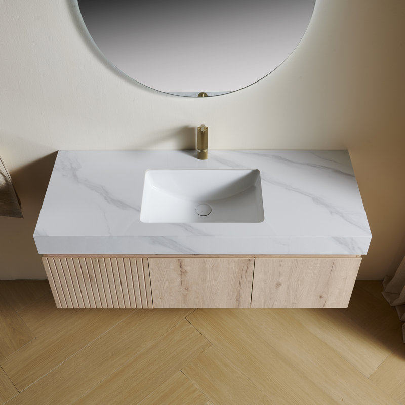 Meuble-lavabo simple en contreplaqué et en bois massif, Blanc de Carrare, Chêne blanc, 48"