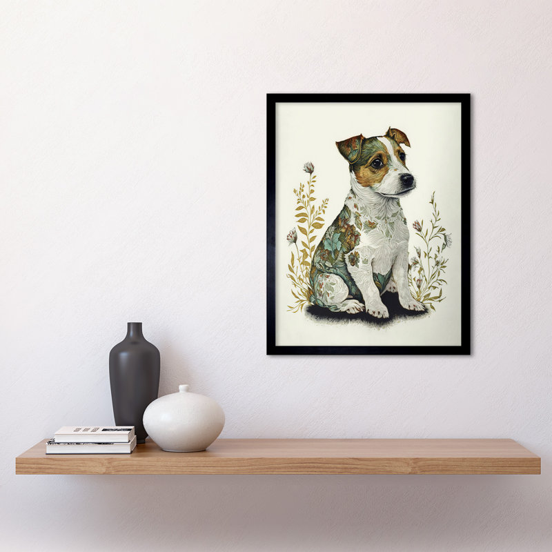 Cute Jack Russel Dog Puppy And Flower Patterns Colour Pencil - Single Picture Frame Print