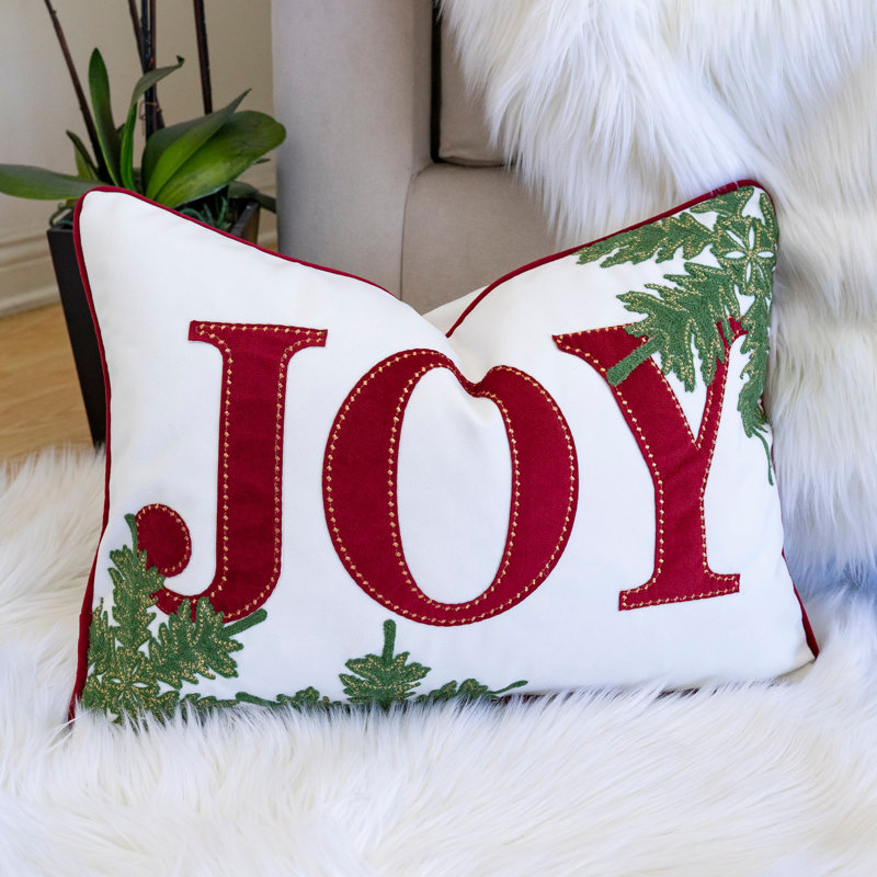 Coussin décoratif de Noël brodé JOY, Blanc/rouge, Rectangle H 14 po x l 20 po