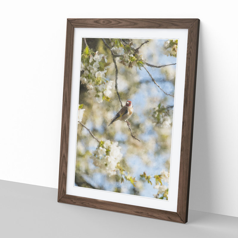 Goldfinch Bird in a Cherry Tree - Picture Frame Painting, 48cm H x 36cm W x 2cm D, Walnut Framed