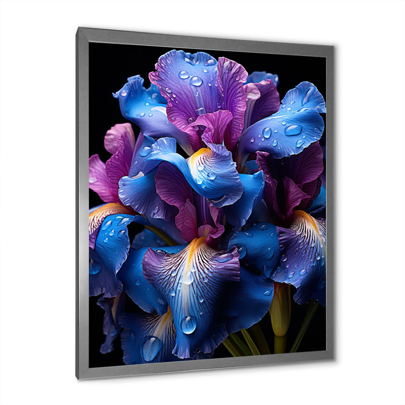 Iris mauve bleu irisé - art mural floral, salon, H 32 po x l 16 po x P 1 po, Cadre photo argenté
