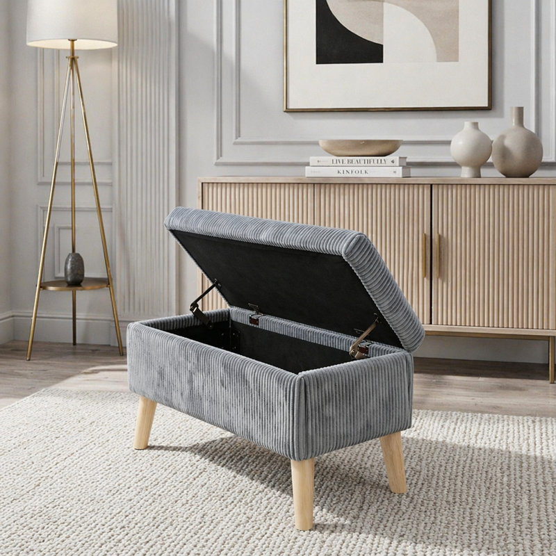 Banc de rangement en velours côtelé 32 pouces avec compartiment rabattable et pieds en bois massif, Grey