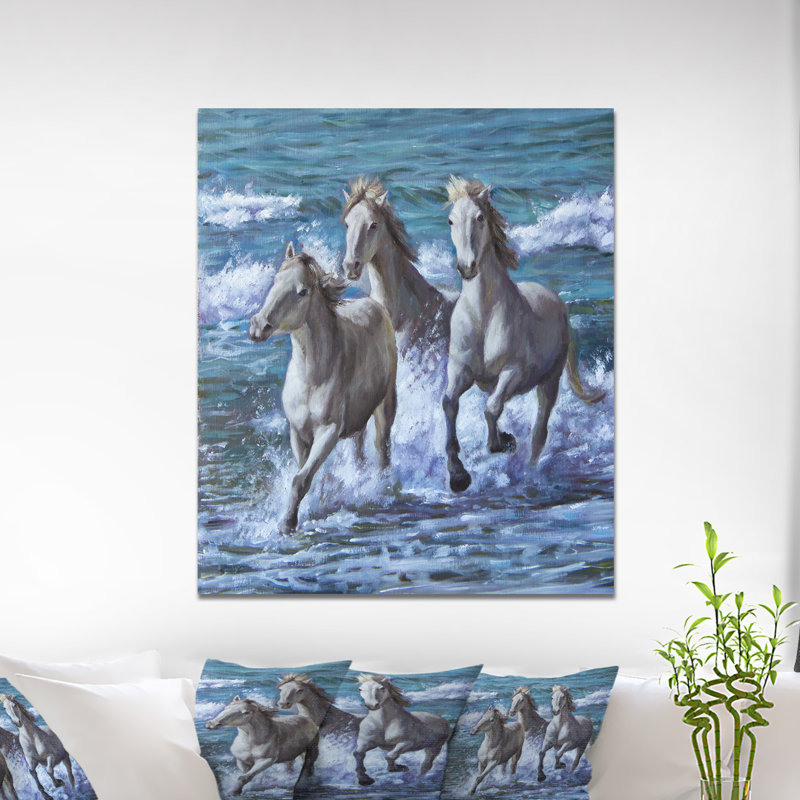 «Three Horses Courir en bord de mer», peinture, H 40 po x l 30 po x p 1,5 po, Toile tendue