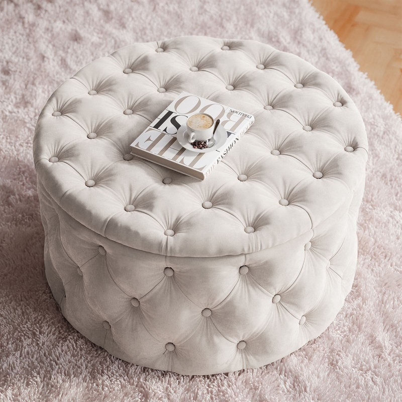 CHESTERFIELD Round Upholstered Pouf Hocker 70 cm, White Polyester