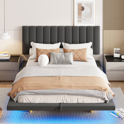 Queen Size Hydraulic lift Up Storage Upholstered Bed With LED Lights And USB Charge,  Beige -  Ivy Bronx, DF4DD023EE034E6AB032F6725E5A3E49