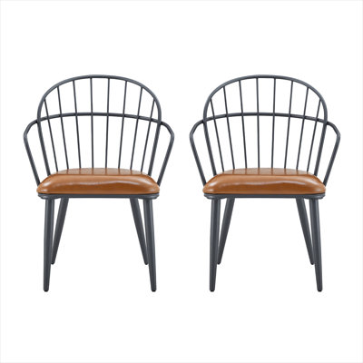 Set of 2 Side Chairs with PU Upholstery and Jet Black Metal Frame, Compact 24.5 Inch Width, Brown