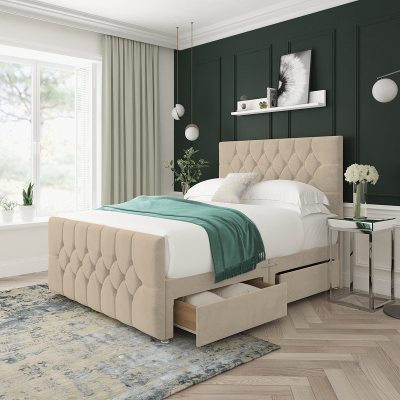 Upholstered Divan Bed, Foot-end Drawers, Beige, Kingsize (5')