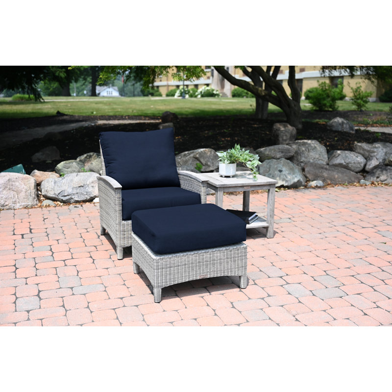 Bella Wicker Teak Outdoor Lounge Chair, Gray, Navy Sunbrella® Canvas