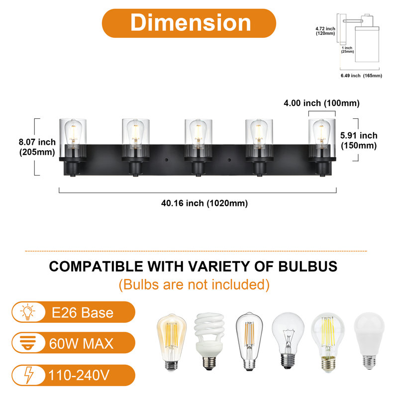  Matte Black Wall Sconces For Bathroom, Modern Vanity Light Fixtures Over Mirror, Bathroom Light Fixtures With Clear Glass Shade, E26 Wall Sconces For Living Room, Hallway