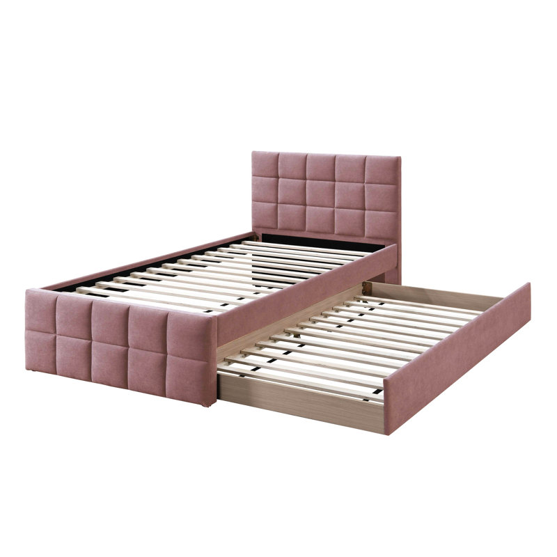 Contemporary Bed With Pink Upholstered Headboard And In Grid Pattern Trundle For Bedroom Interior Decor Arrangement Design