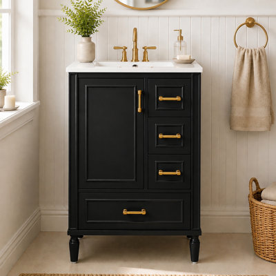 Meuble-lavabo moderne de 24 po avec lavabo en céramique, porte à fermeture douce, 3 tiroirs, poignées dorées et support de porte pour un rangement peu encombrant