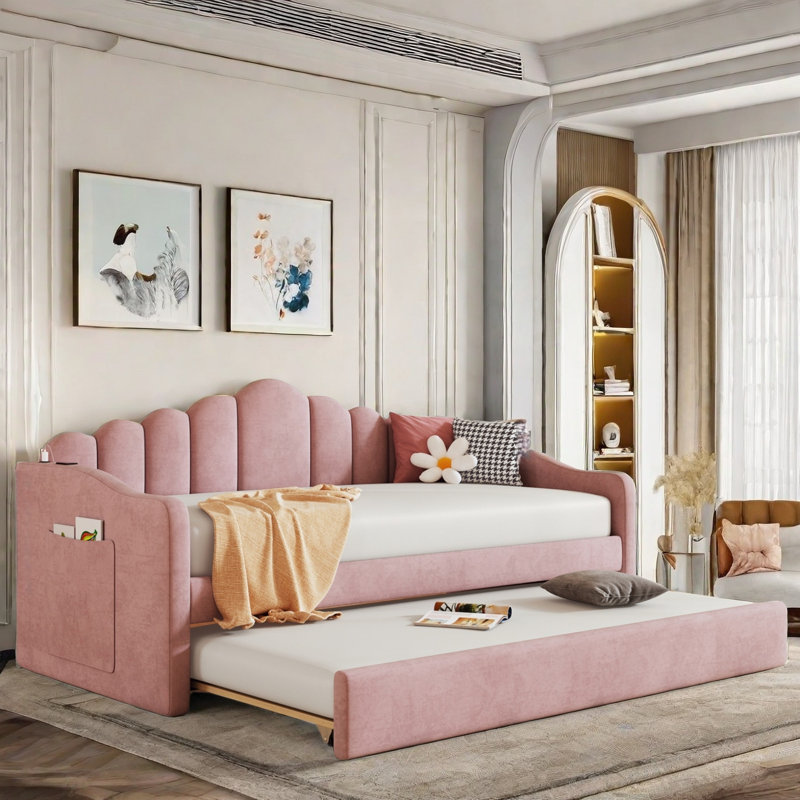 Upholstered Daybed With Trundle And Usb Charging Ports, Pink