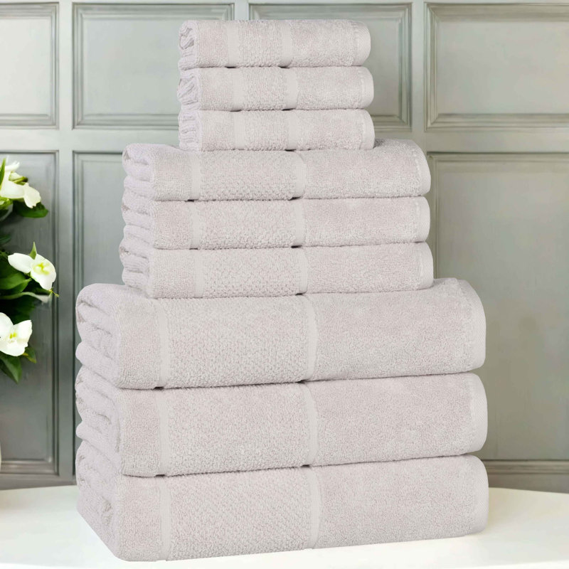 Mile Smart Twist Viscose Cotton Blend Medium Weight Solid Thick Border Towel Set, 9 Piece Towel Set, Silver