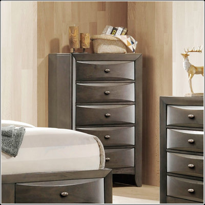 Commode 5 tiroirs de style transitionnel avec poignées ovales, finition grise pour les chambres modernes et classiques