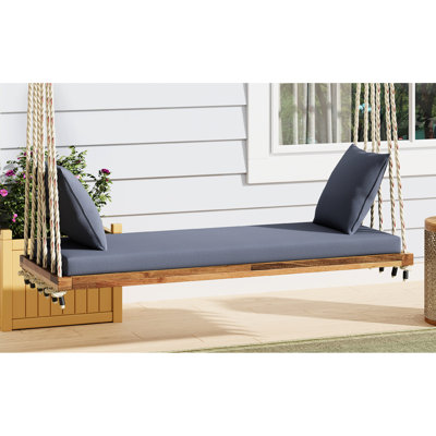 Balancelle de jardin avec cadre en bois, cordes en chanvre de 10,8 pi, coussin de siège et 2 coussins, capacité de 400 lb, banc de jardin à 5 couleurs différentes, schémas de charge