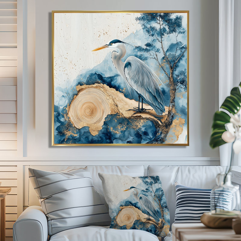 Auron héron dans l'encre de Chine dorée paysage II - héron, art mural, H 36 po x l 36 po, Impression encadrée flottante, Doré